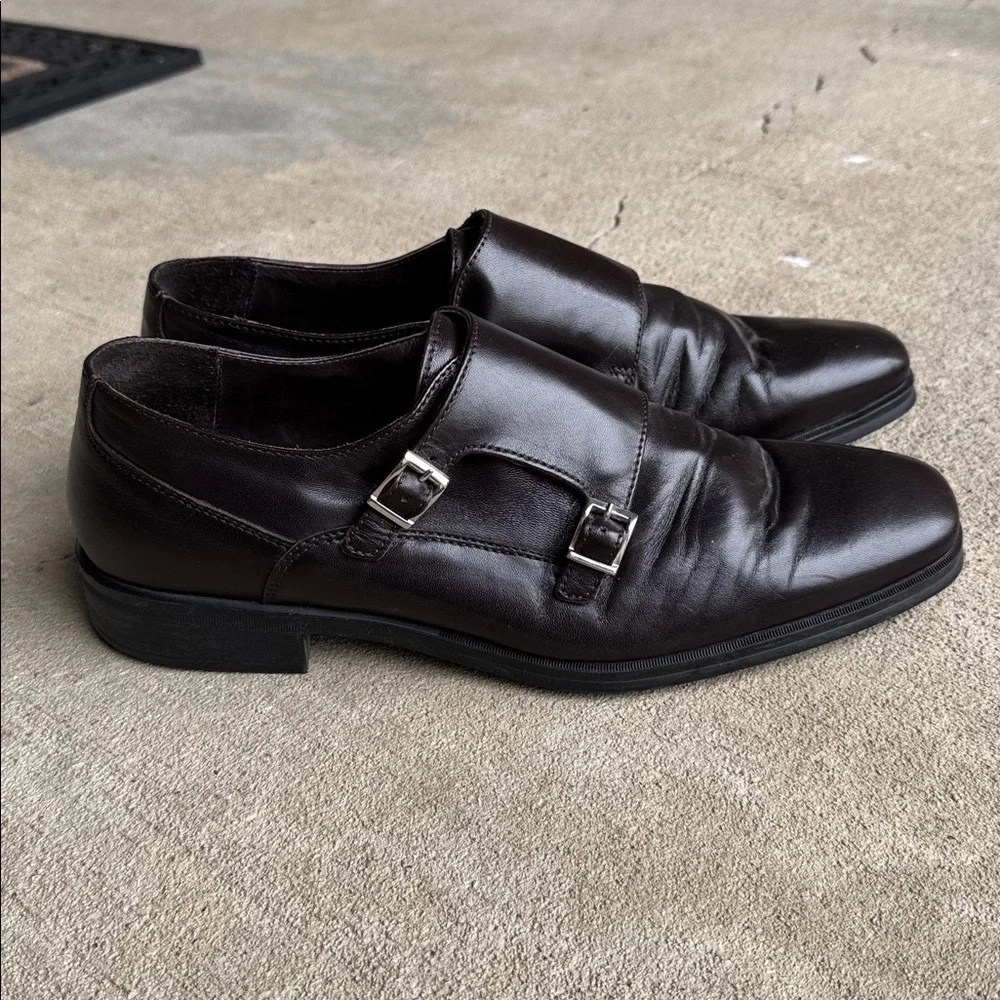Bruno Magli mens 8.5 dark brown solid double monk strap leather dress shoes EUC